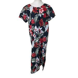 KAD Creations Vintage Hawaiian Black Tropical Hibiscus Floral Print Midi Dress